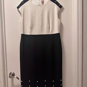 BOSS Two-Tone Black and White Midi Sheath Dress with Stud Detail - Sz 14